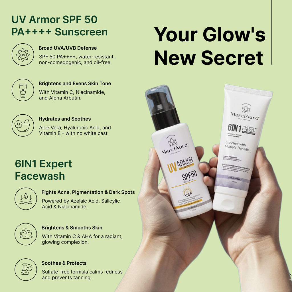 Merciaura Clear Skin Duo  6-in-1 Expert Face Wash (100 ml) + UV Armor Sunscreen SPF 50 PA++++ (100 ml)