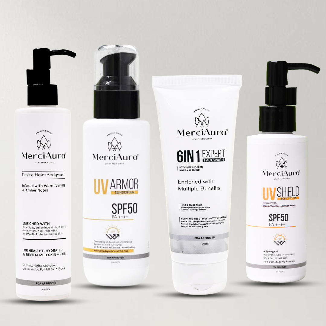 Merciaura Signature Desire Combo – Complete Care Pack (Set of 4)  6-in-1 Expert Face Wash (100 ml) | UV Armor Sunscreen SPF 50 PA++++ (100 ml) | UV Shield Body Lotion SPF 50 PA++++ (120 ml) | Desire Hair + Body Wash (300 ml)