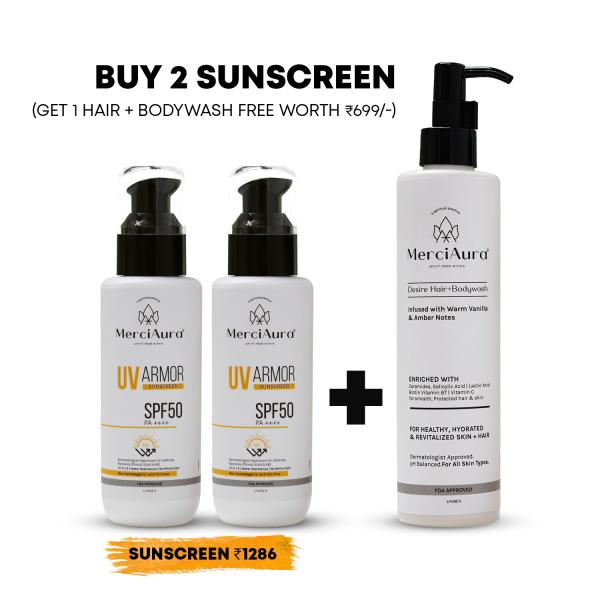 Buy 2 UV Armor Sunscreen SPF 50 PA++++ and Get 1  MerciAura Desire Hair + Body Wash – Warm Vanilla & Amber