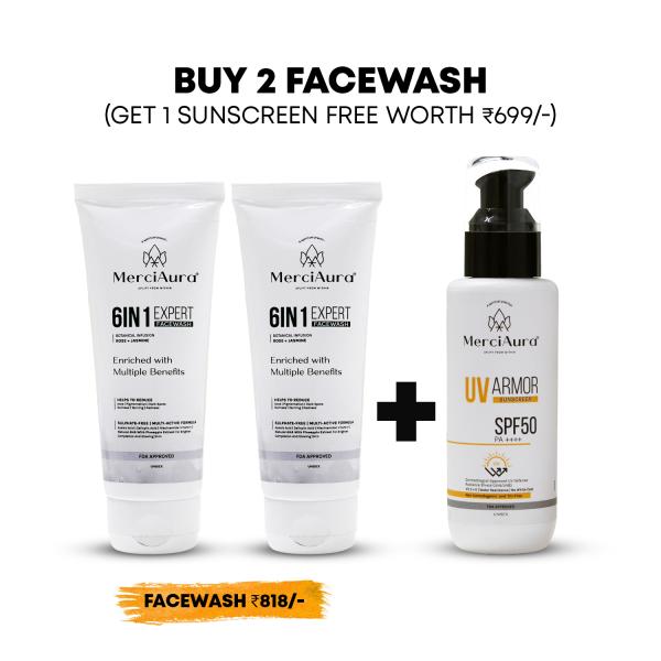 Buy 2 6 in 1 Expert Facewash and Get 1 MerciAura UV Armor Sunscreen SPF 50 PA++++