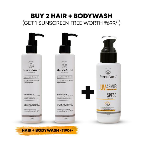 Buy 2 Desire Hair + Body Wash – Warm Vanilla & Amber and Get 1 MerciAura UV Armor Sunscreen SPF 50 PA++++