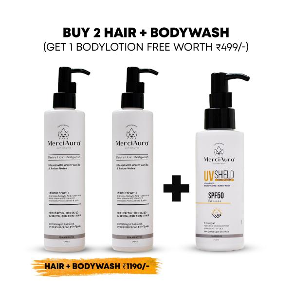 Buy 2 Desire Hair + Body Wash – Warm Vanilla & Amber and get 1 MerciAura UV Shield Body Lotion SPF 50 PA++++ – Warm Vanilla & Amber