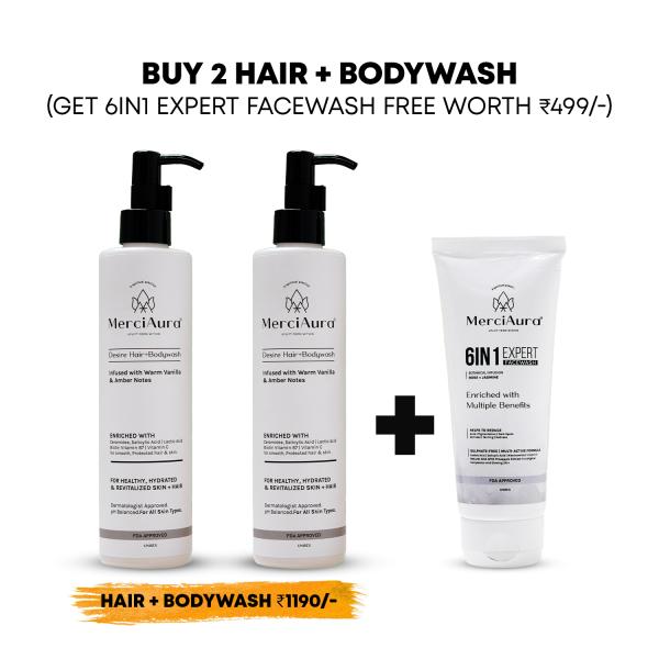 Buy 2 Desire Hair + Body Wash – Warm Vanilla & Amber and get 1 MerciAura 6 in 1 Expert Facewash